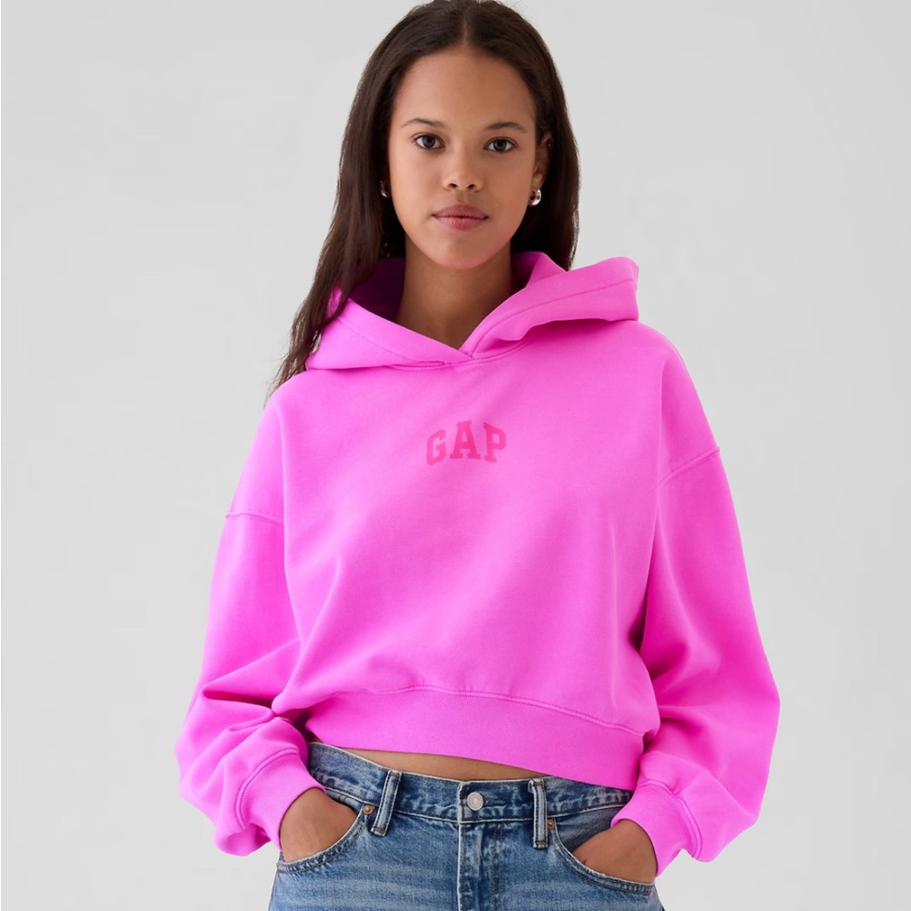GAP Neon Pink Vintage Soft Arch Logo Cropped Hoodie